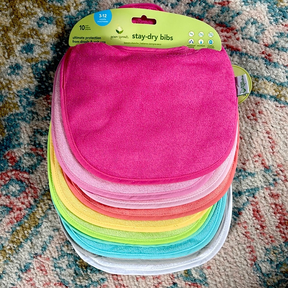 New pack of Green Sprouts Stay Dry Waterproof Baby Bibs